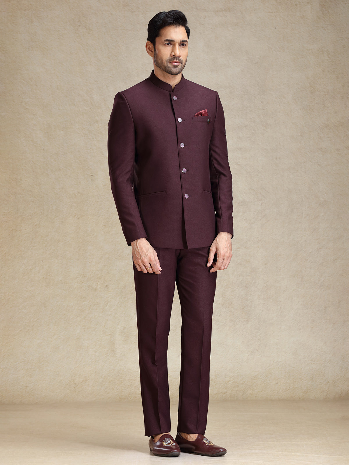 Wine terry rayon bandh gala jodhpuri suit