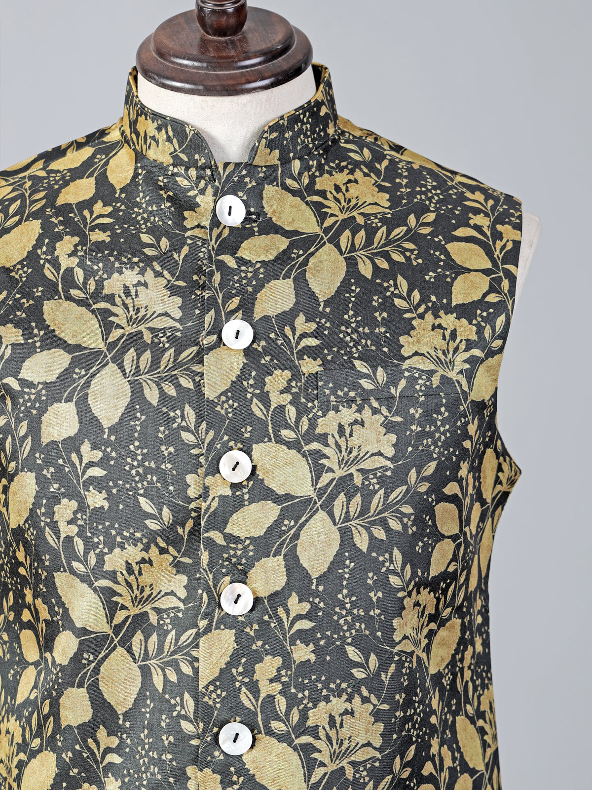 Yellow and grey printed cotton silk waistcoat