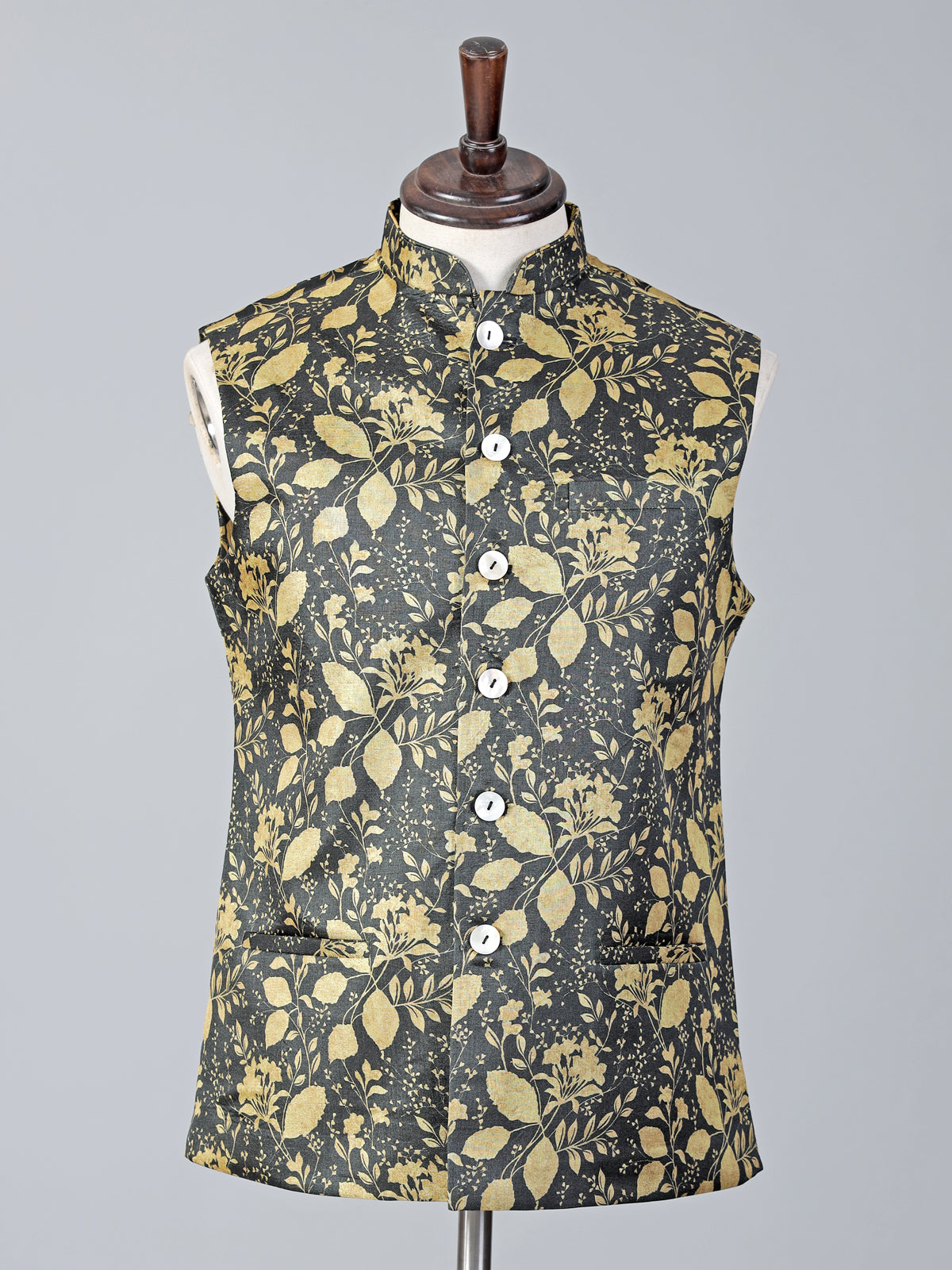 Yellow and grey printed cotton silk waistcoat