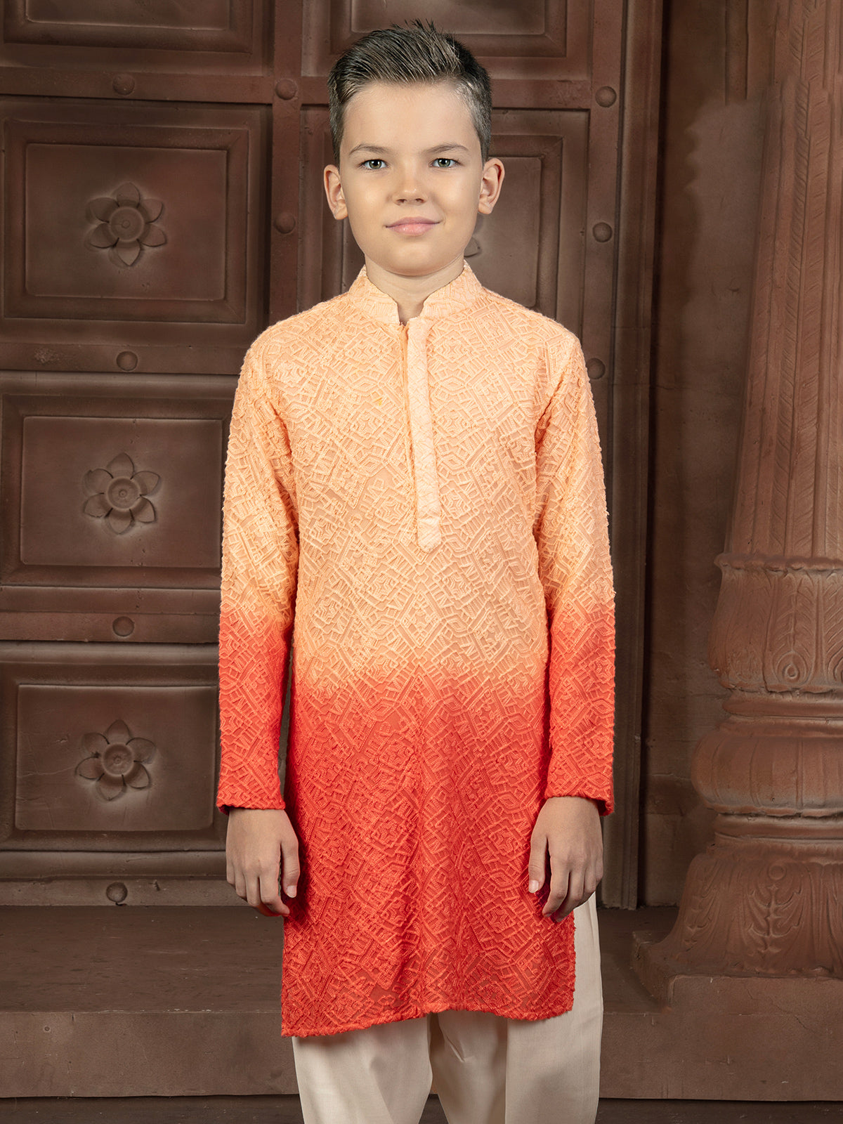 Yellow and orange silk kurta set with thread artistry
