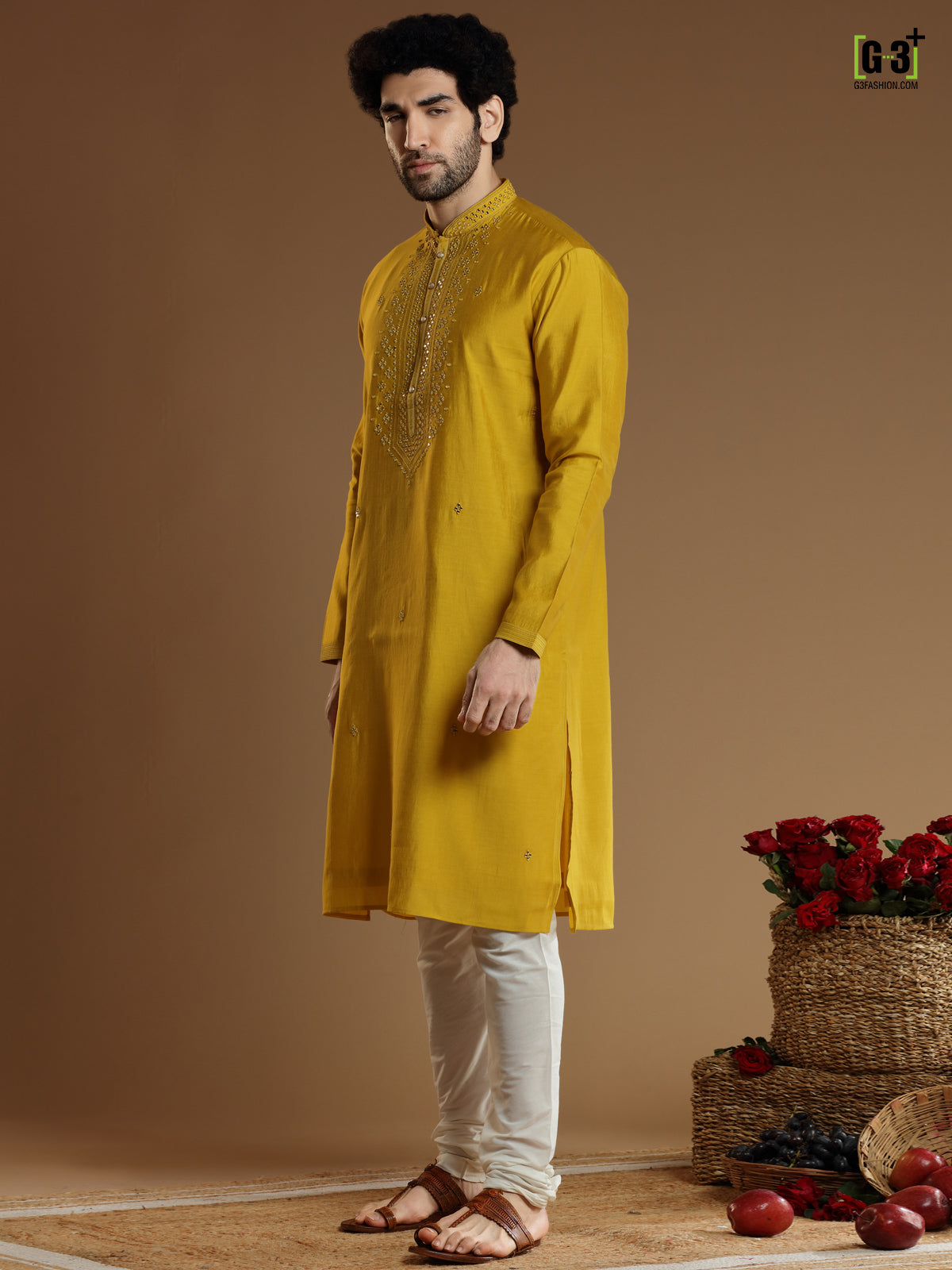 Yellow color cotton silk kurta suit for men