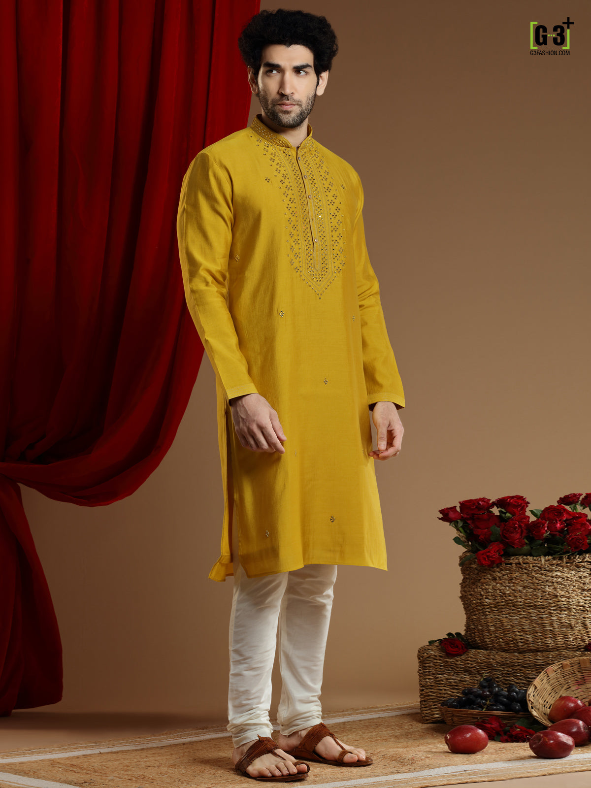 Yellow color cotton silk kurta suit for men