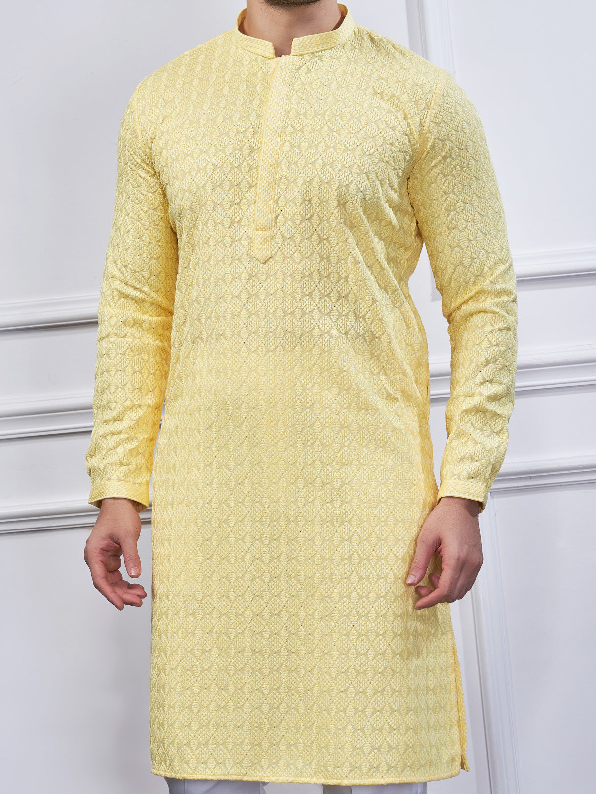 Yellow cotton embroidery kurta suit for men