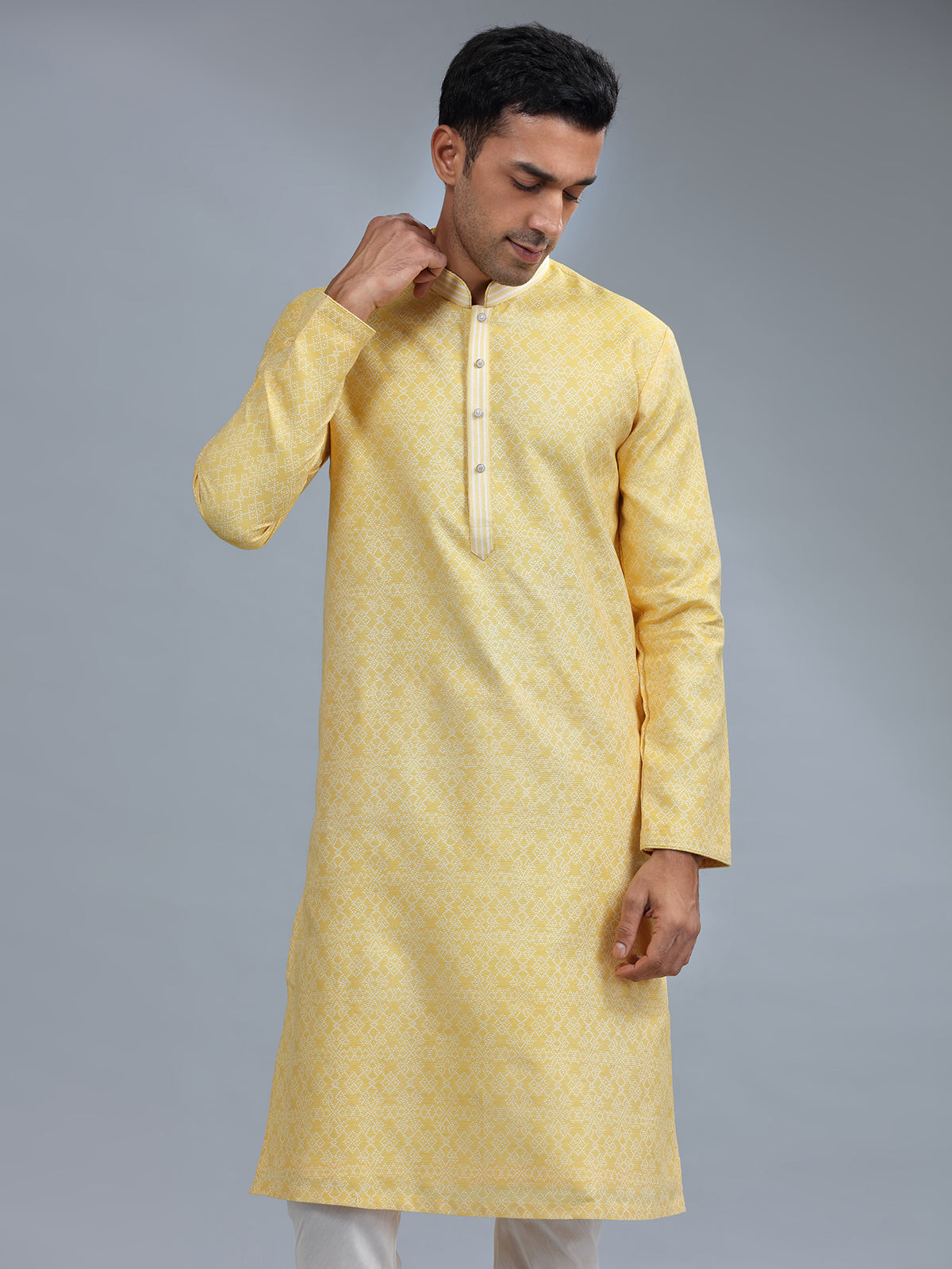 Yellow cotton silk festive style kurta pajama