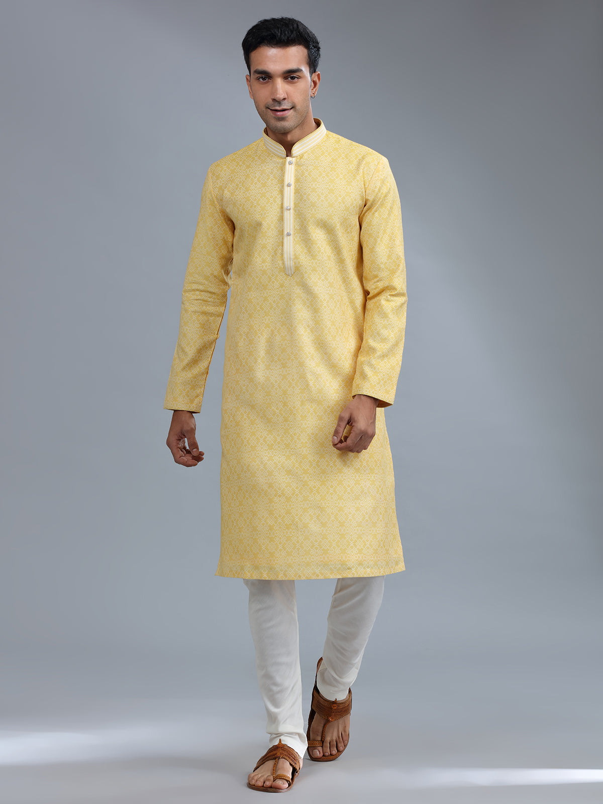 Yellow cotton silk festive style kurta pajama