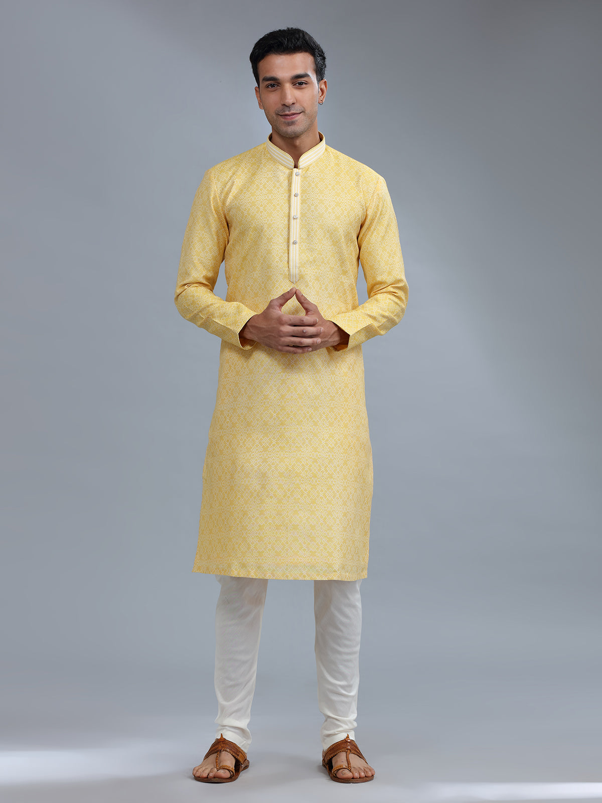 Yellow cotton silk festive style kurta pajama