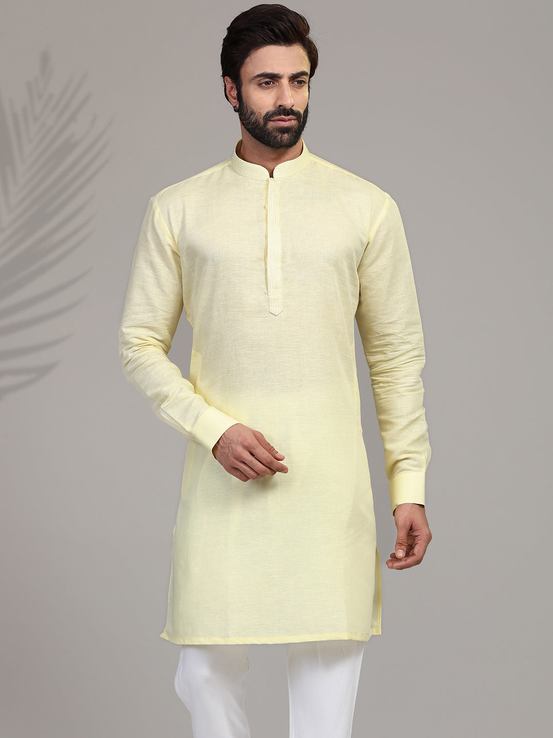 Yellow cotton stand collar only kurta