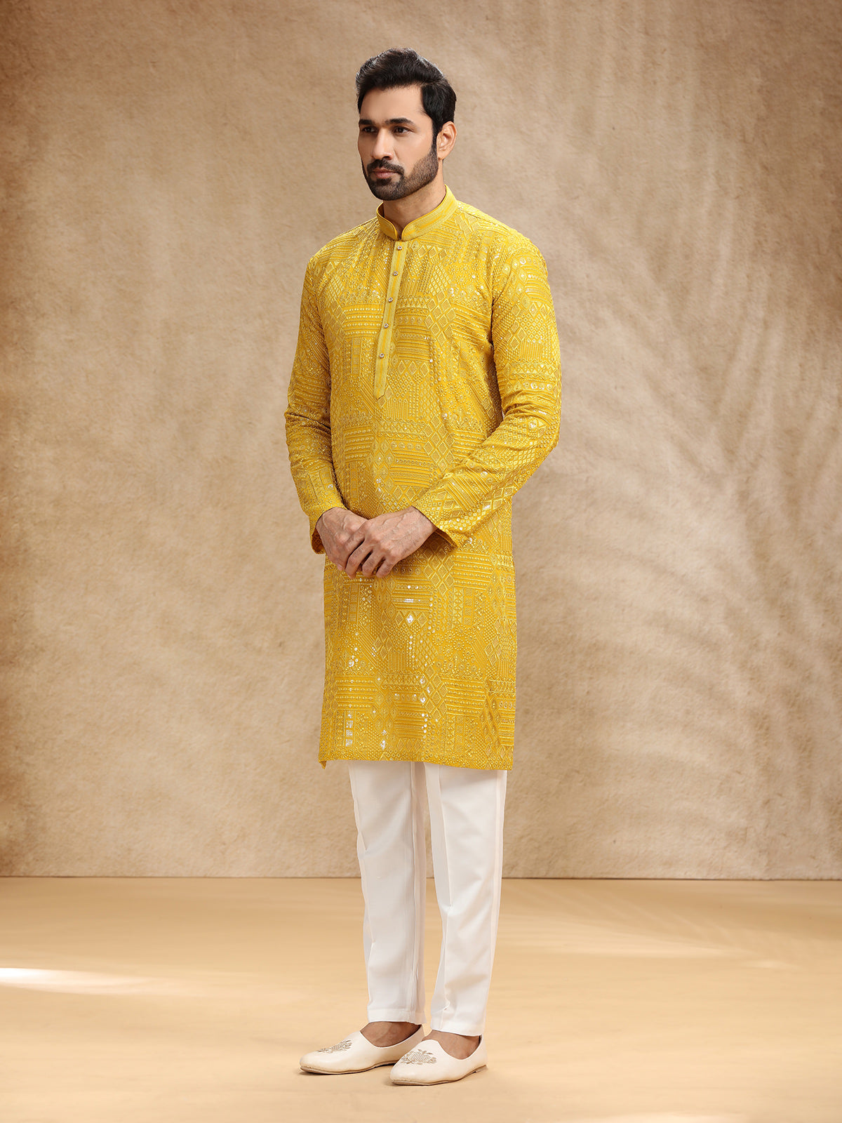 Yellow georgette festive kurta pajama for men
