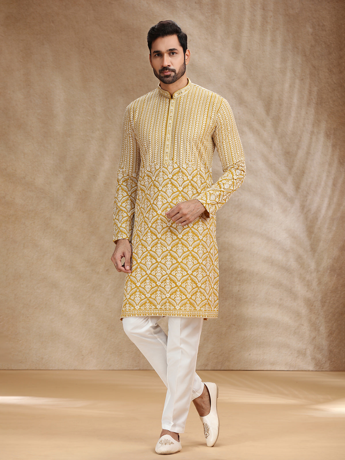 Yellow georgette kurta pajama for festive wear