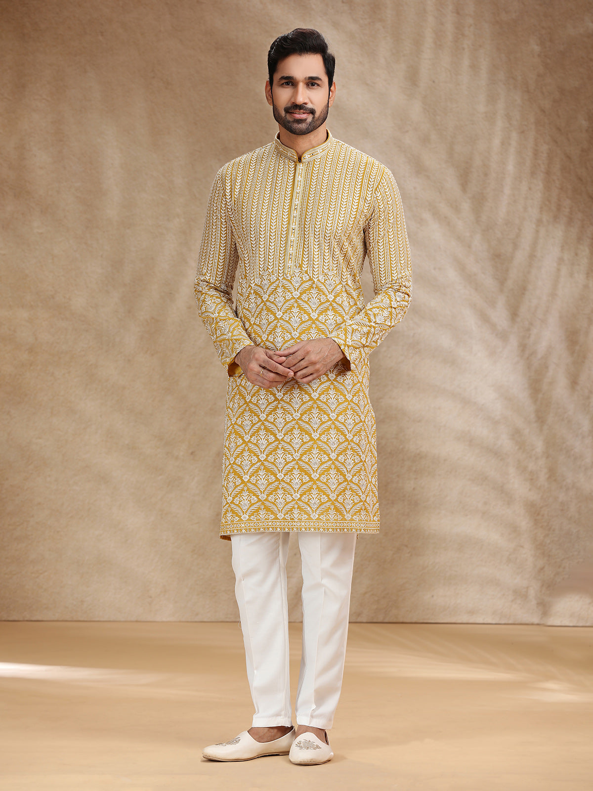 Yellow georgette kurta pajama for festive wear