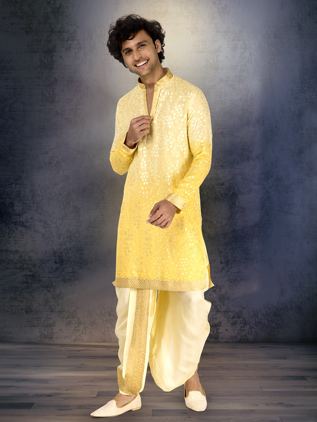 Yellow georgette shaded embroidered dhoti kurta suit