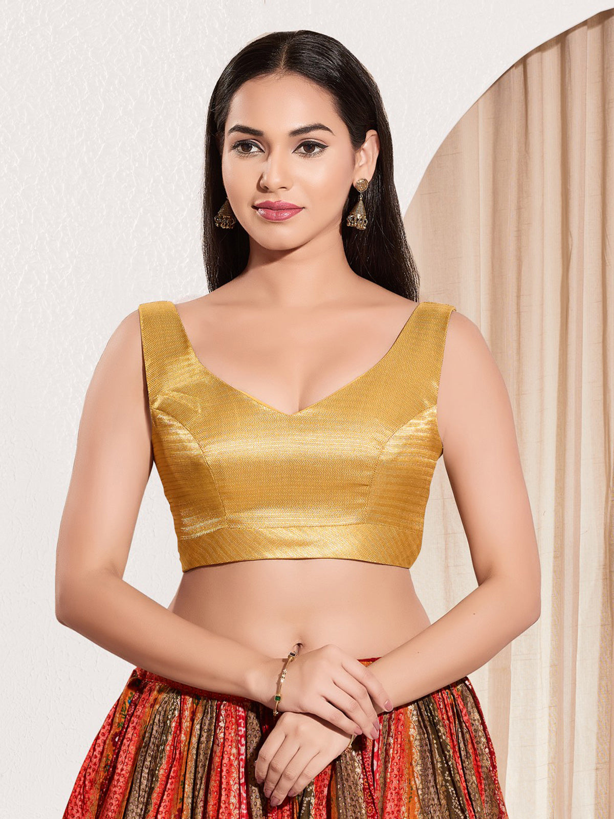 Yellow gold ready made blouse in rich silk