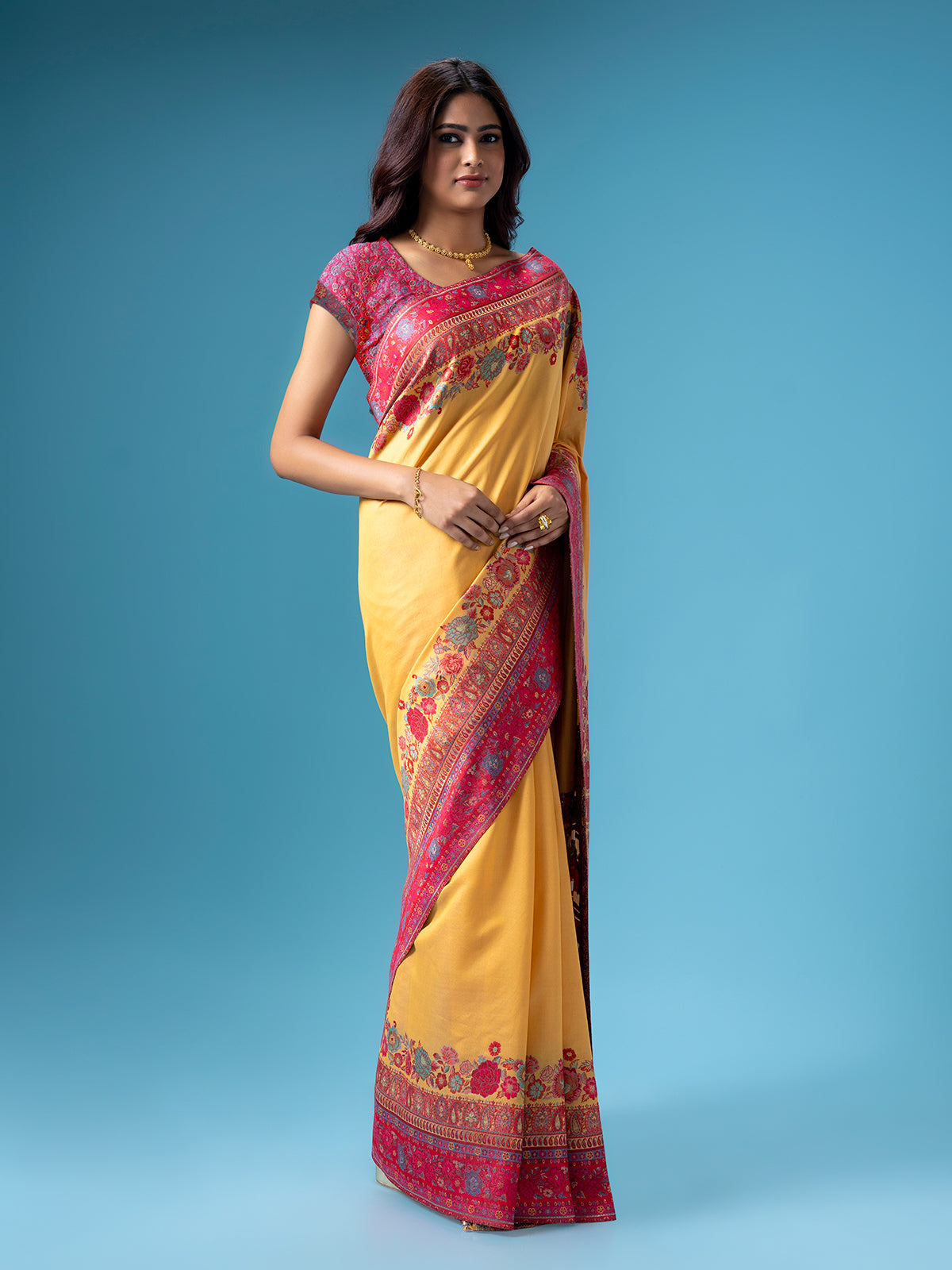 Yellow pashmina silk saree with bold border