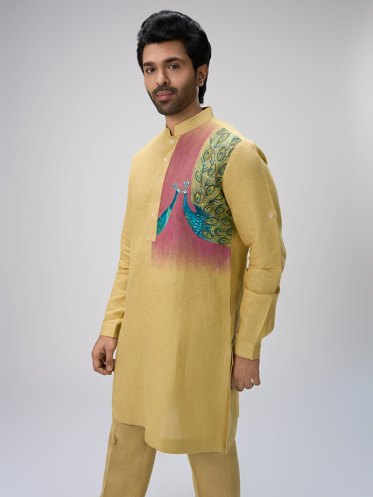 Yellow peacock motif kurta suit men