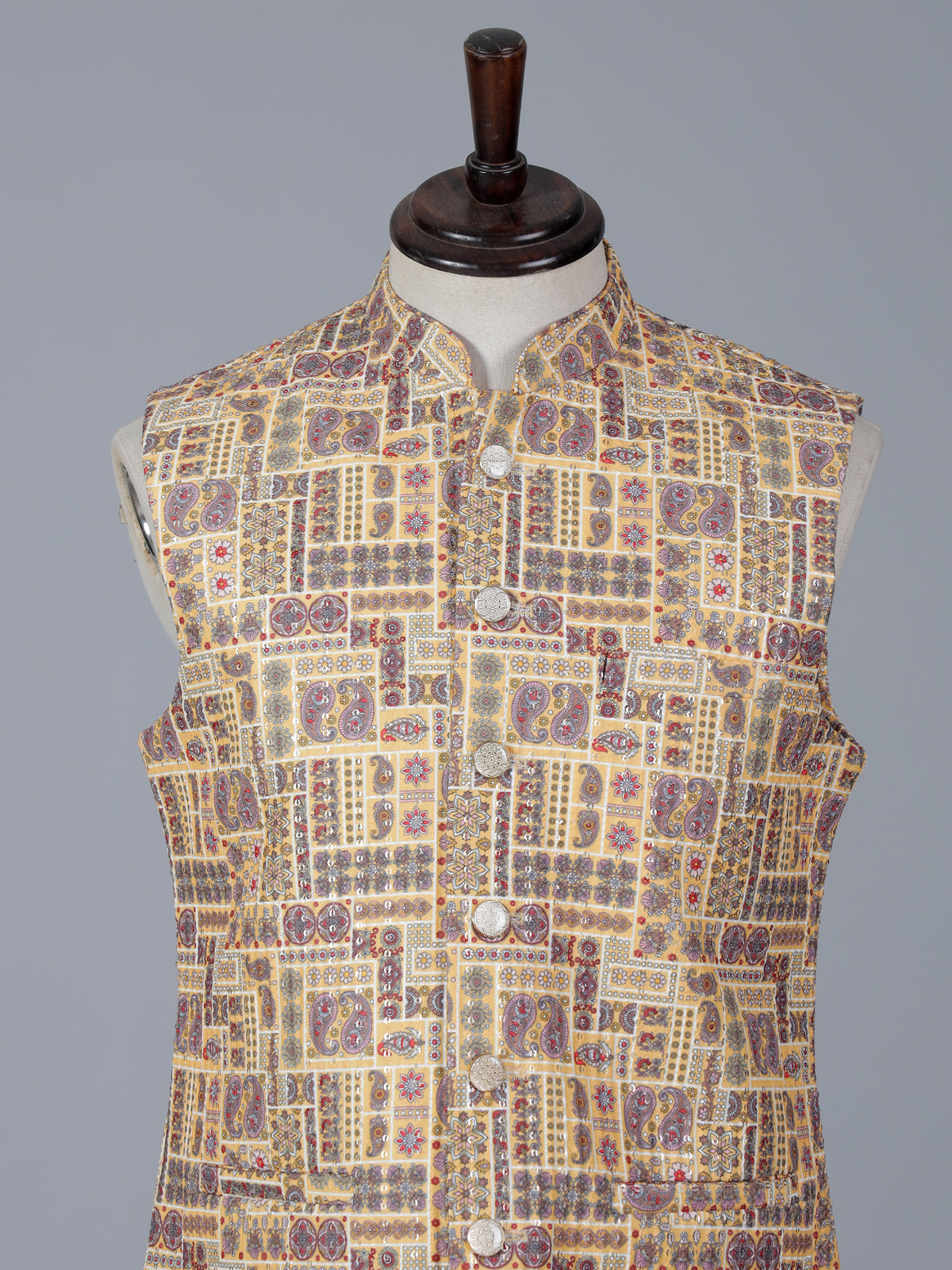 Yellow printed cotton silk waistcoat for wedding wear
