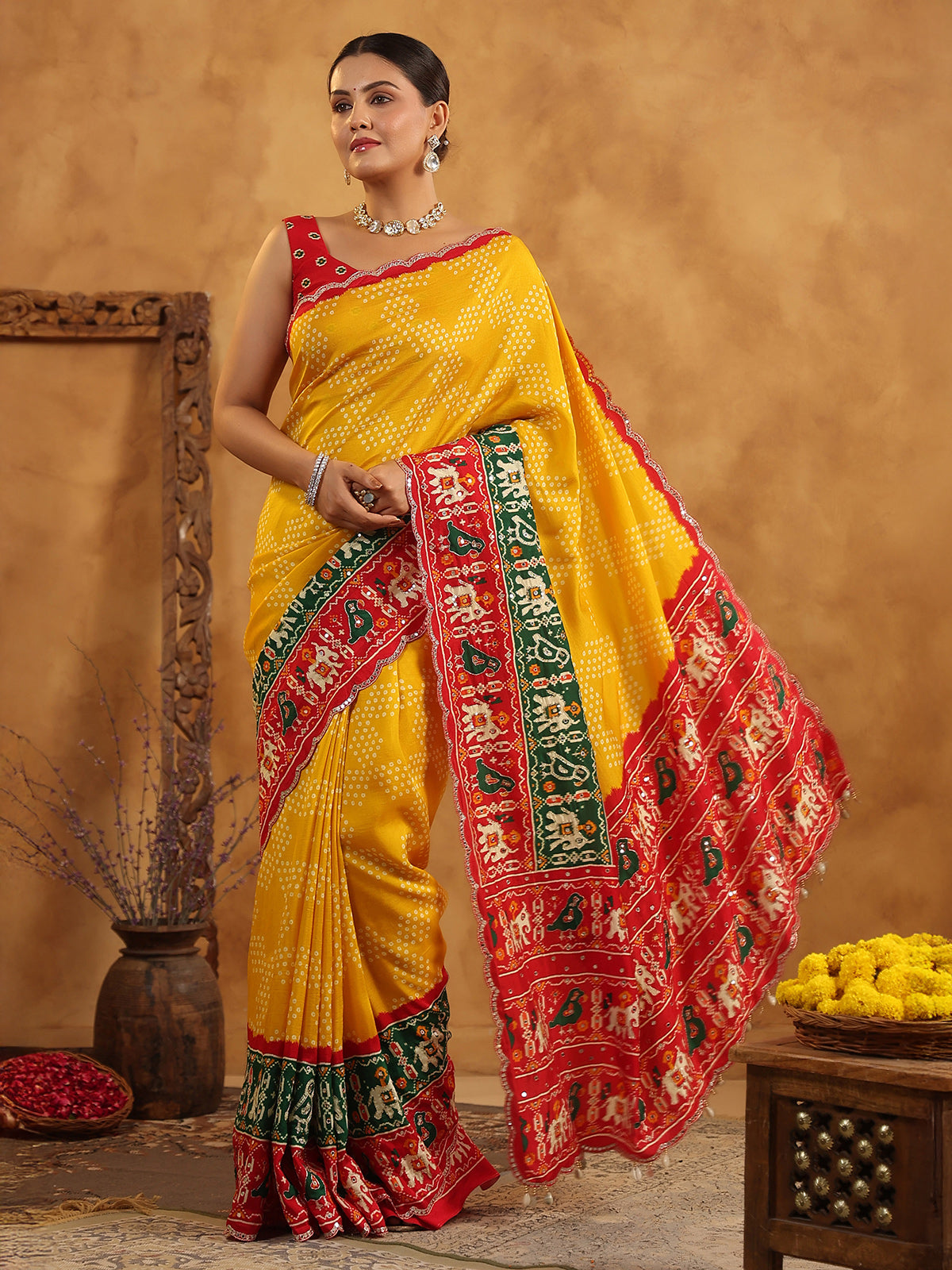 Yellow printed silk saree for festive gatherings