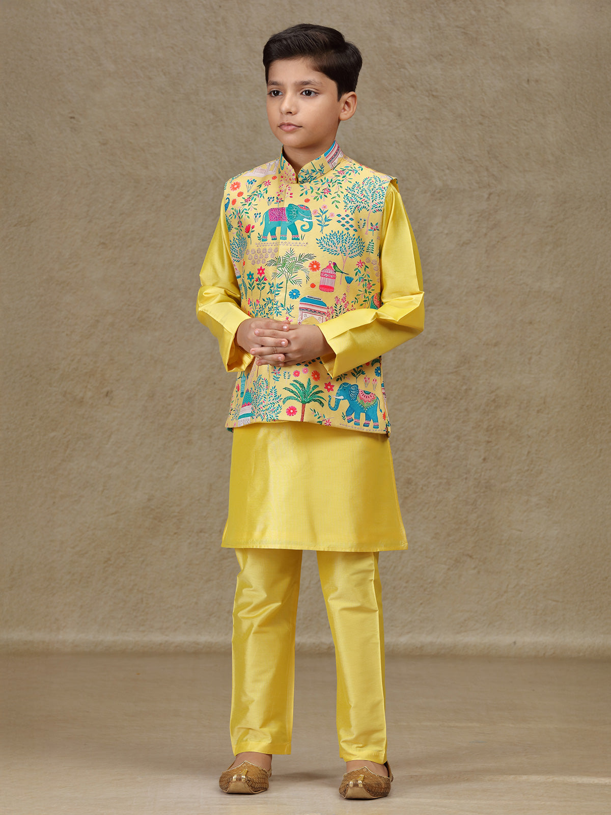 Yellow printed silk waistcoat set for wedding
