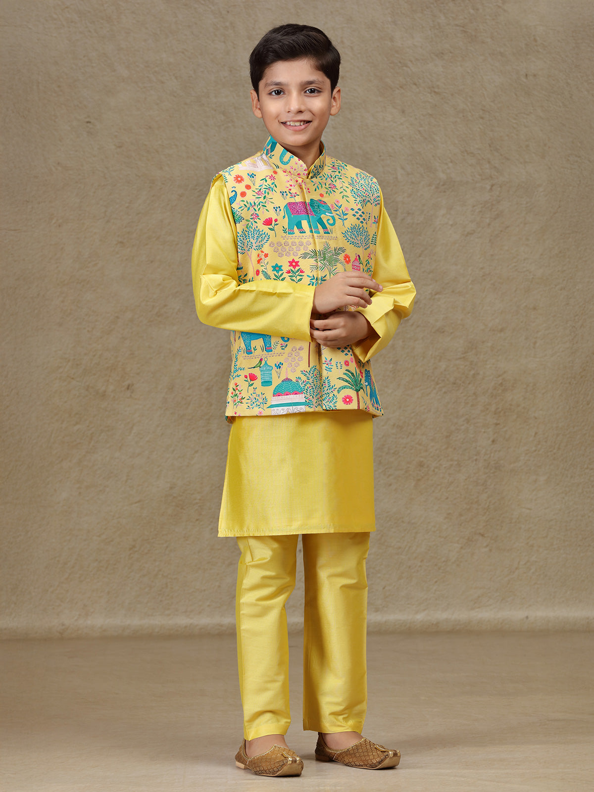 Yellow printed silk waistcoat set for wedding