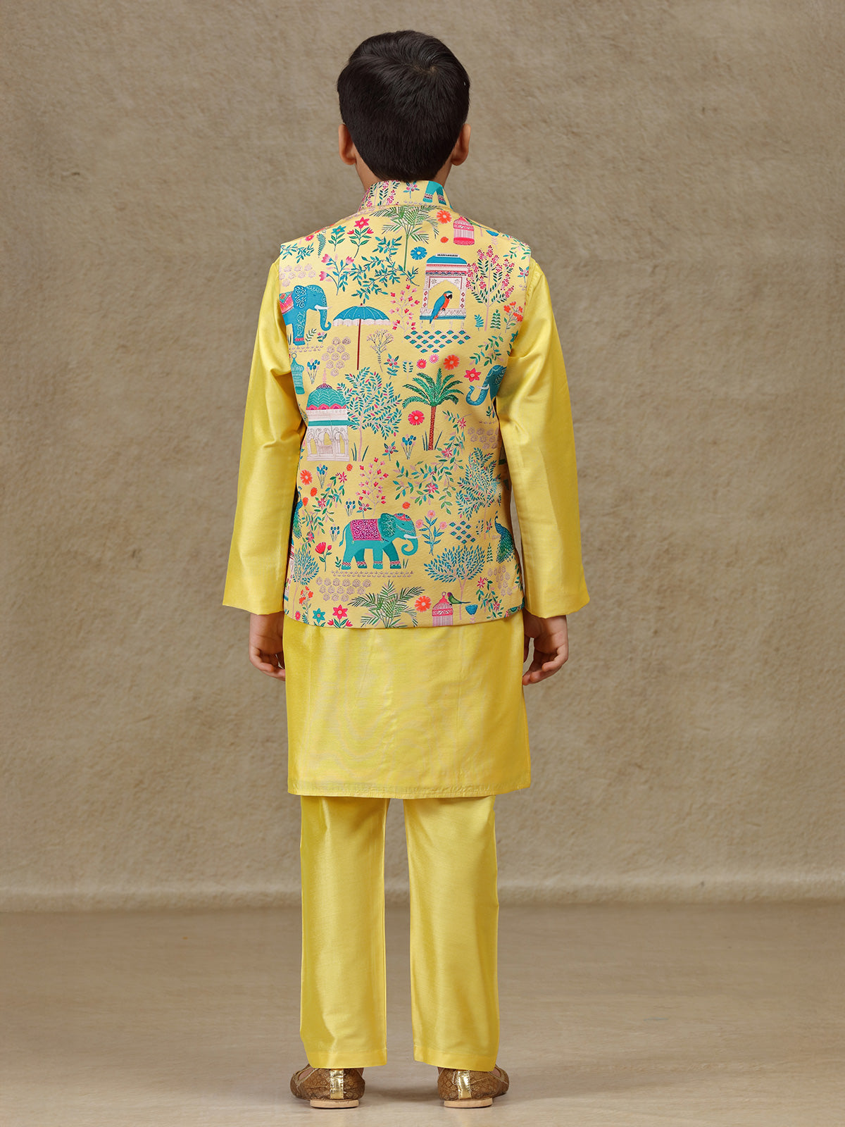 Yellow printed silk waistcoat set for wedding
