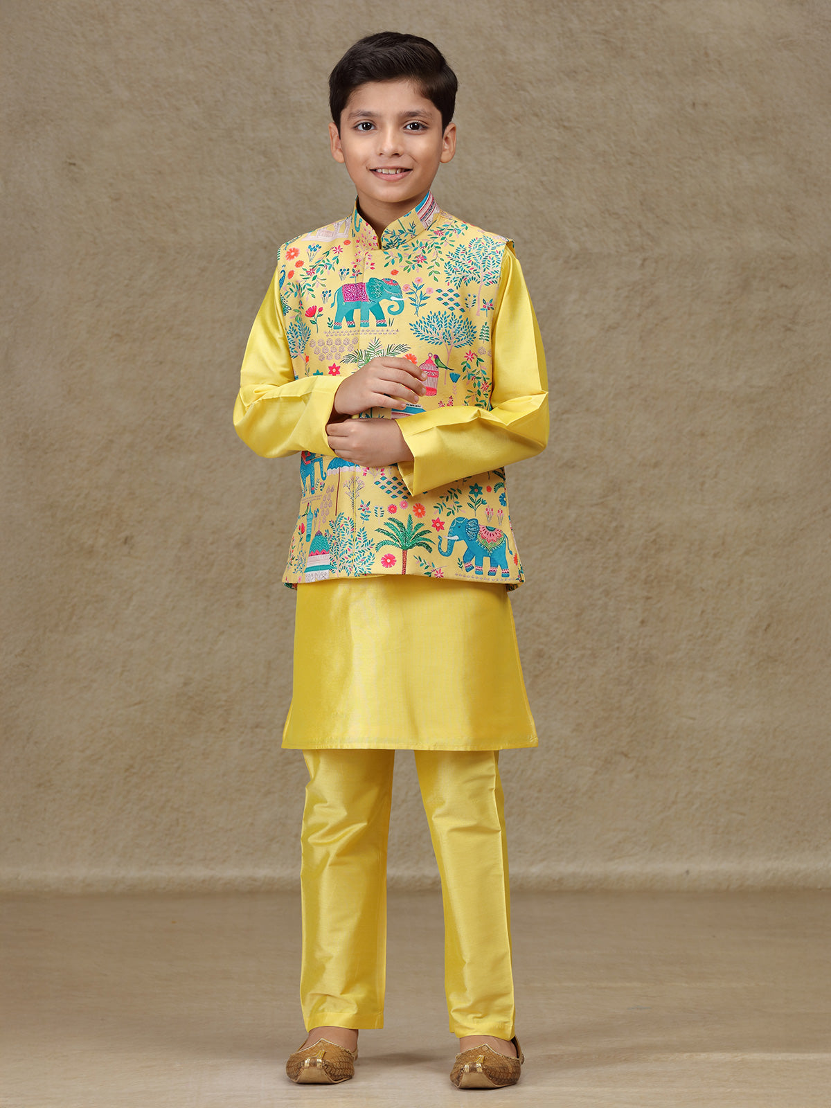 Yellow printed silk waistcoat set for wedding