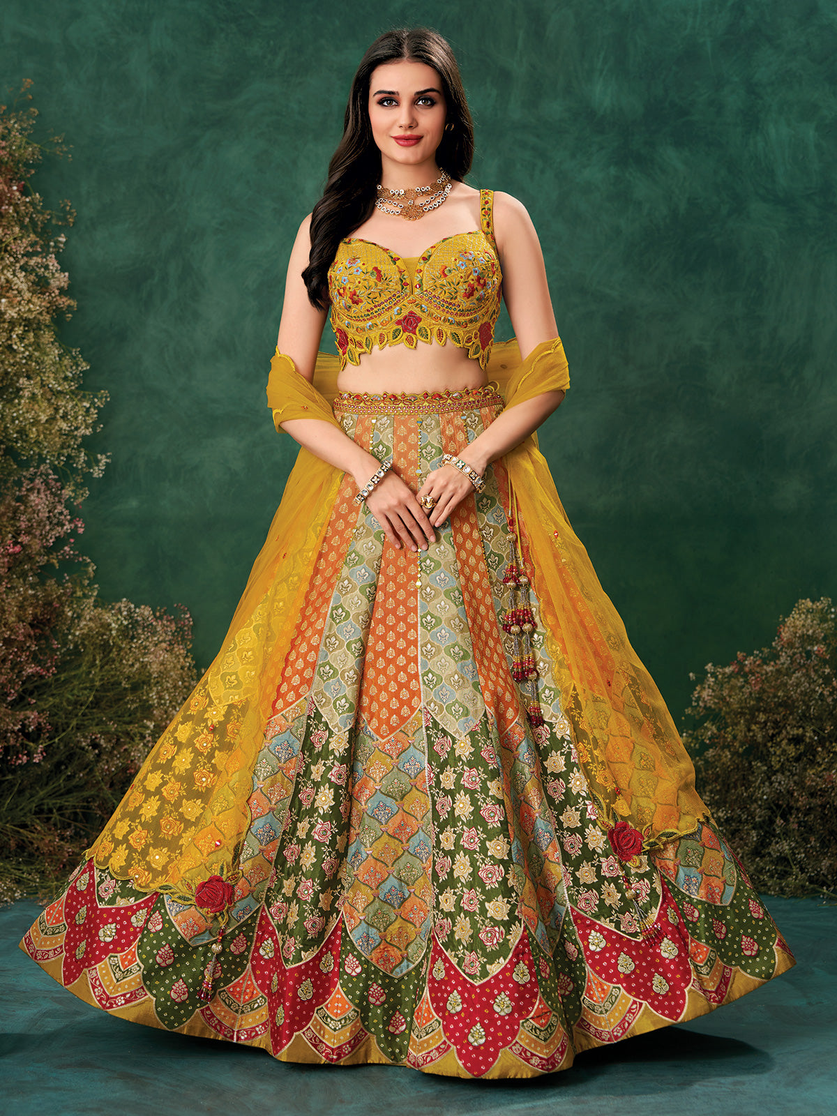 Yellow raw silk lehenga choli for haldi