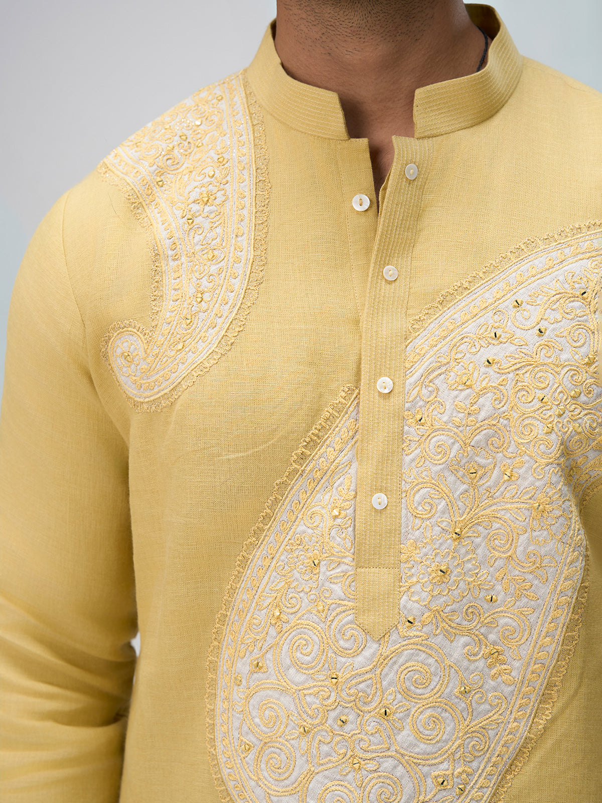 Yellow resham work kurta suit men