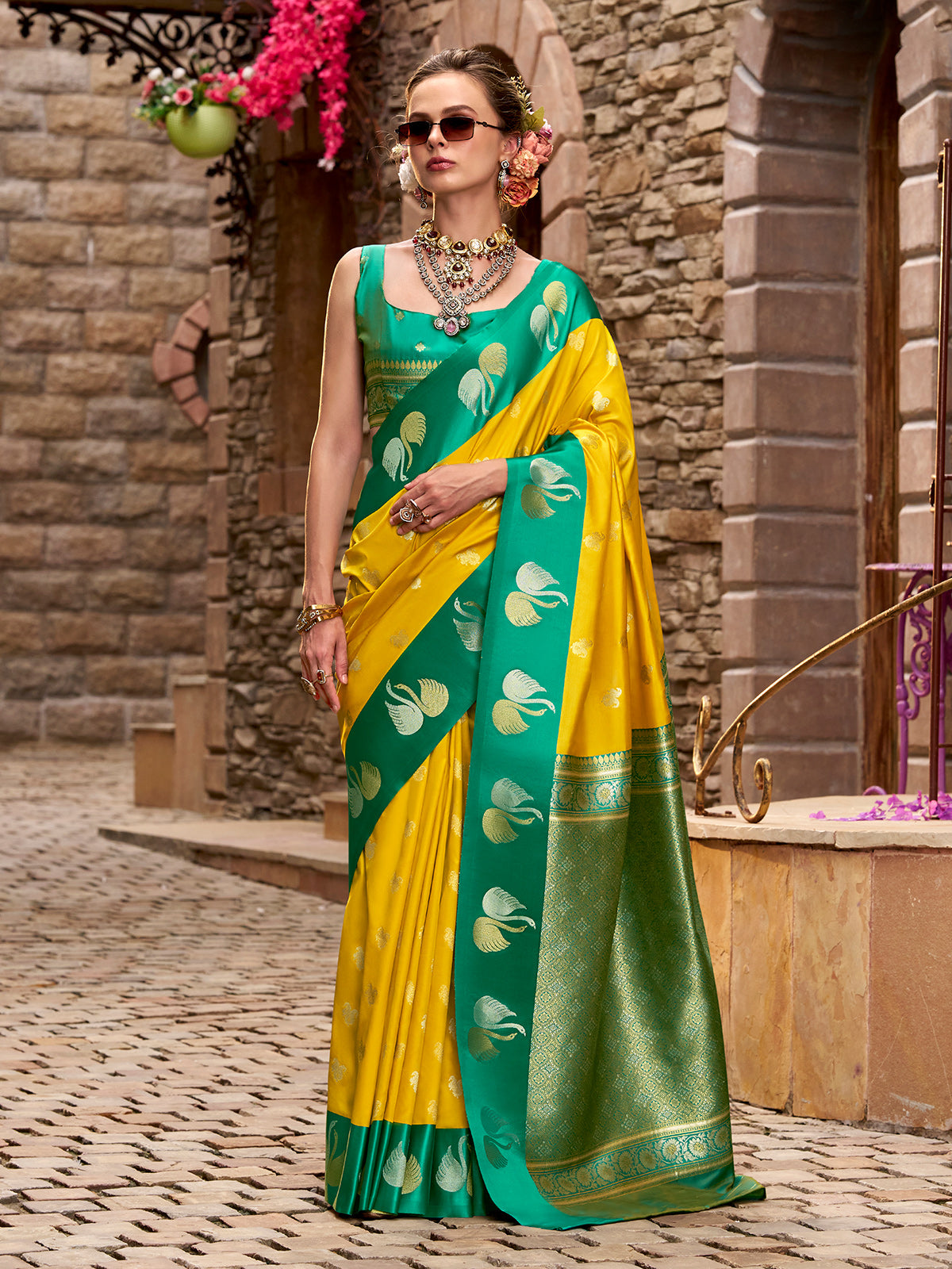Yellow satin silk festive woven elegance