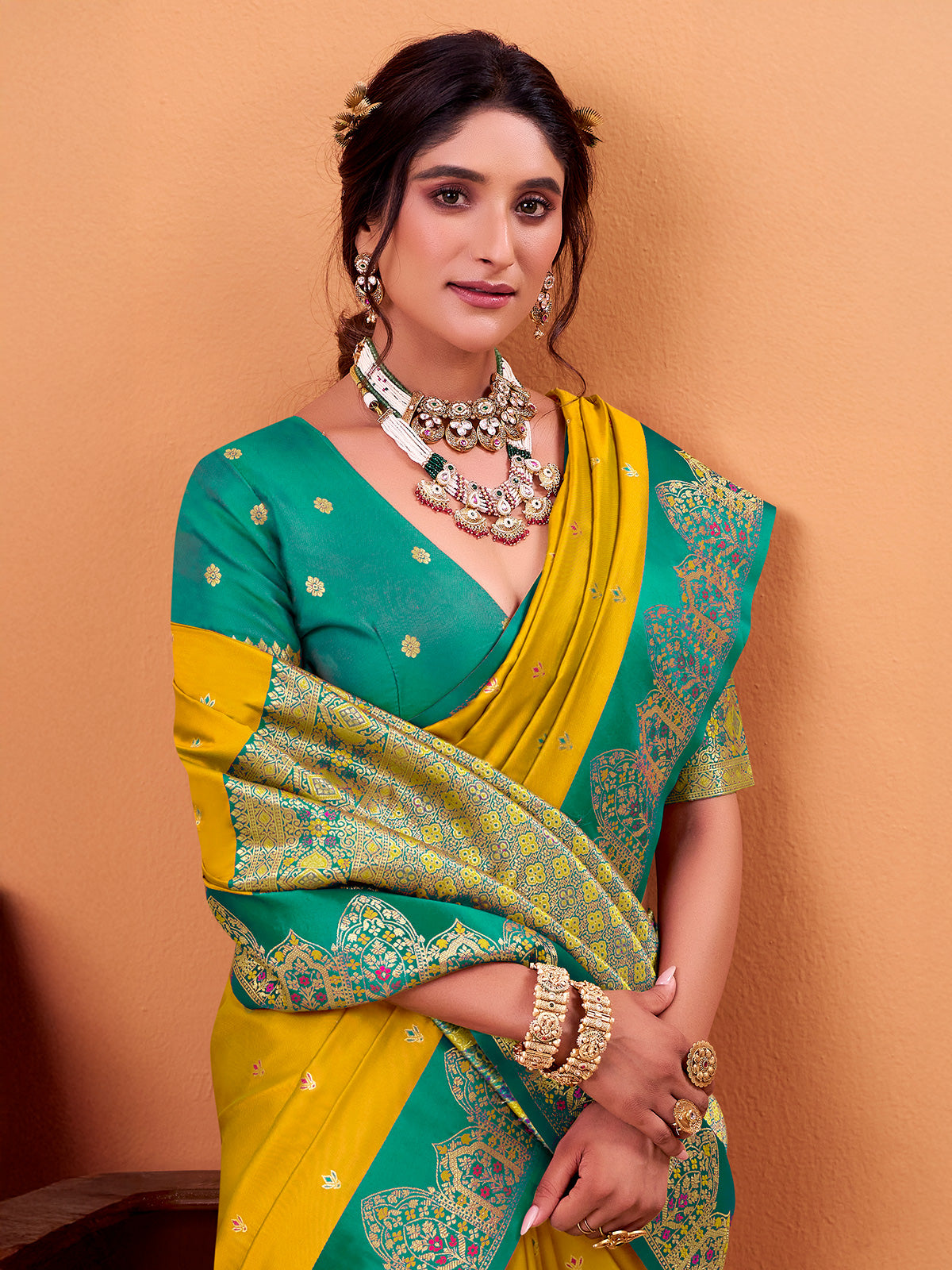 Yellow satin silk saree with zari motifs