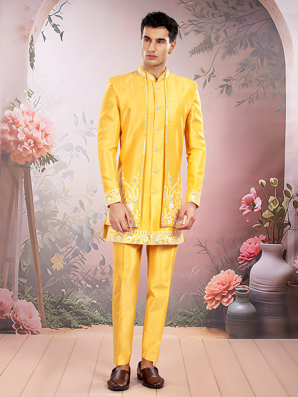 Yellow silk indowestern set with resham work