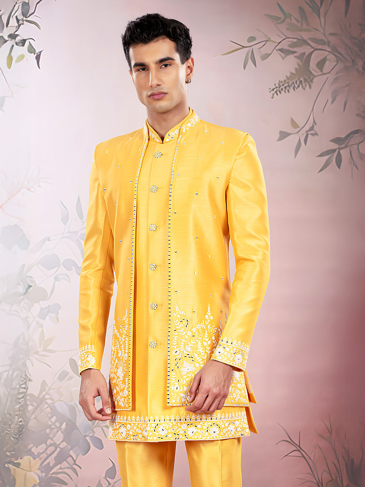Yellow silk indowestern set with resham work