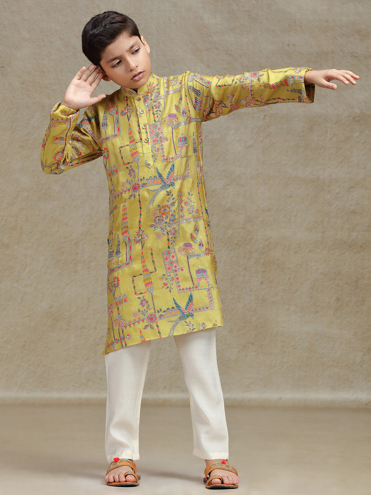 Yellow silk kurta suit for boys with print