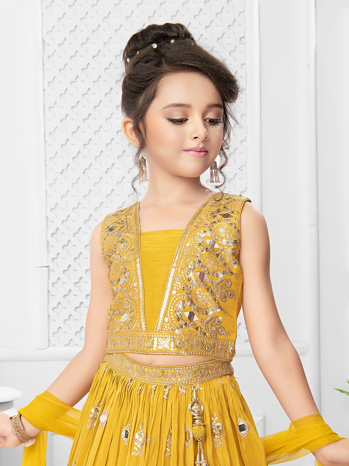 Yellow silk mirror worked lehenga choli