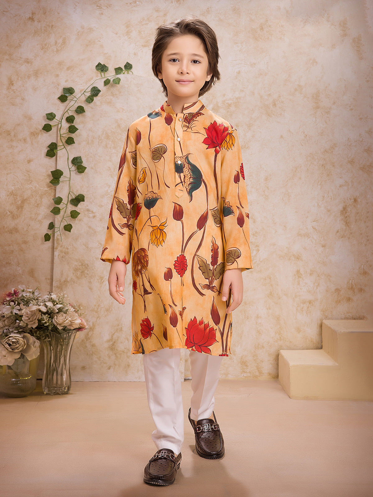 Yellow silk printed kurta with pant