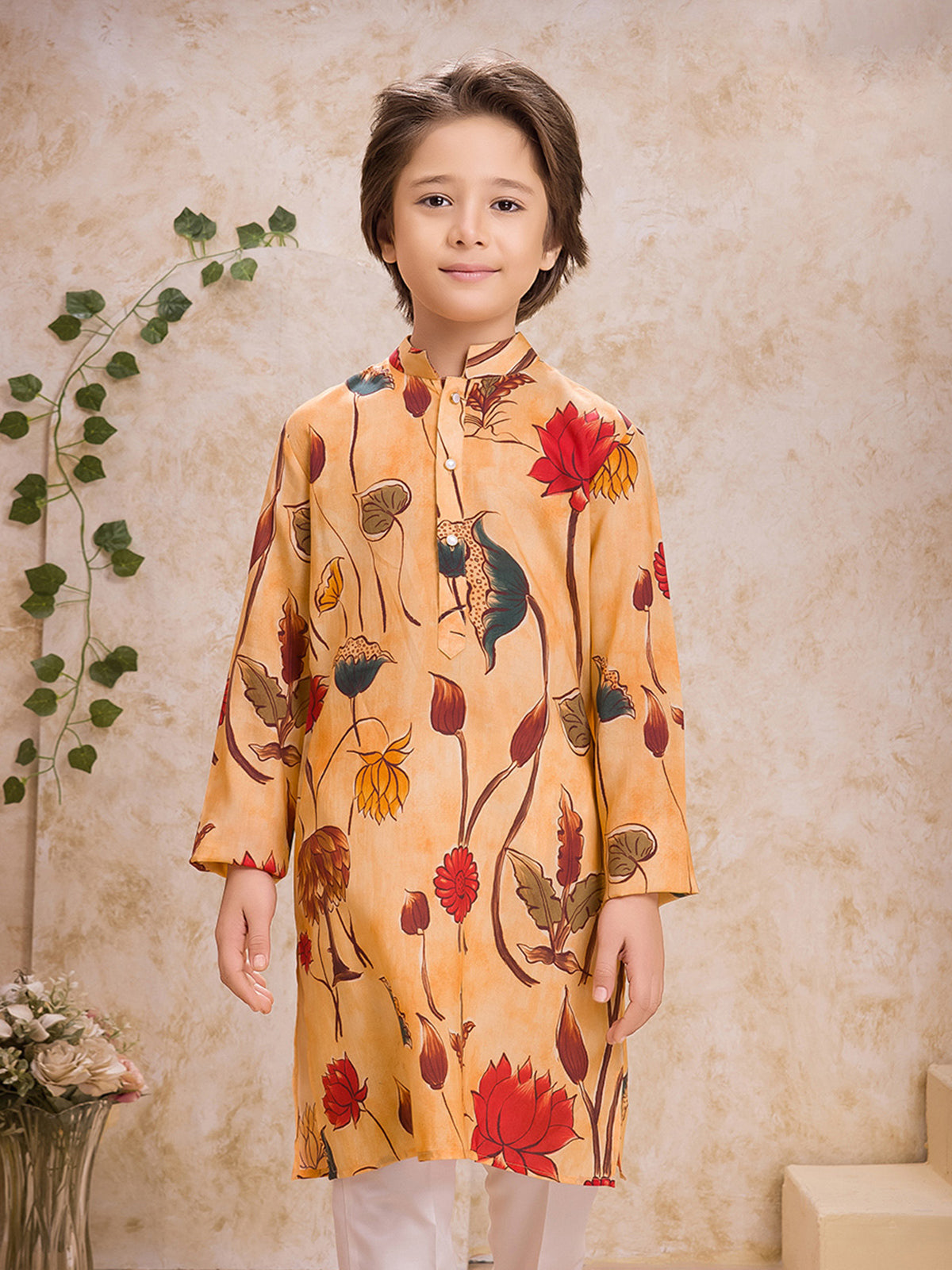 Yellow silk printed kurta with pant