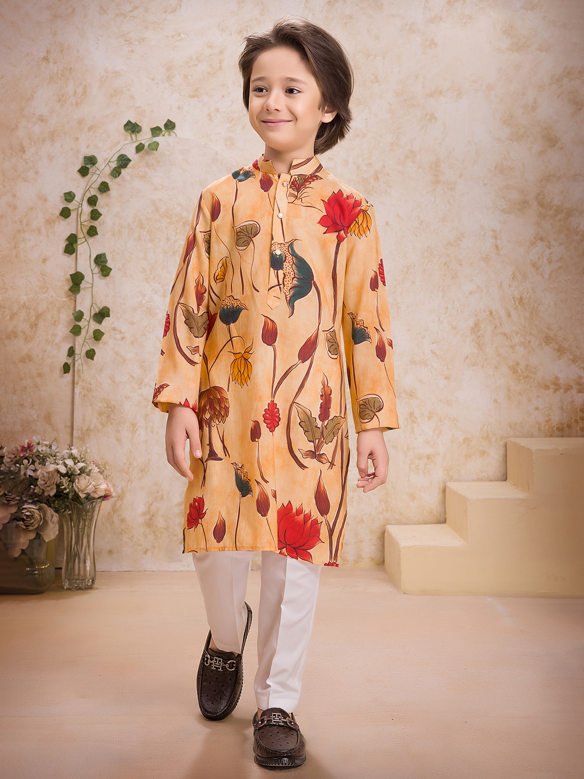 Yellow silk printed kurta with pant