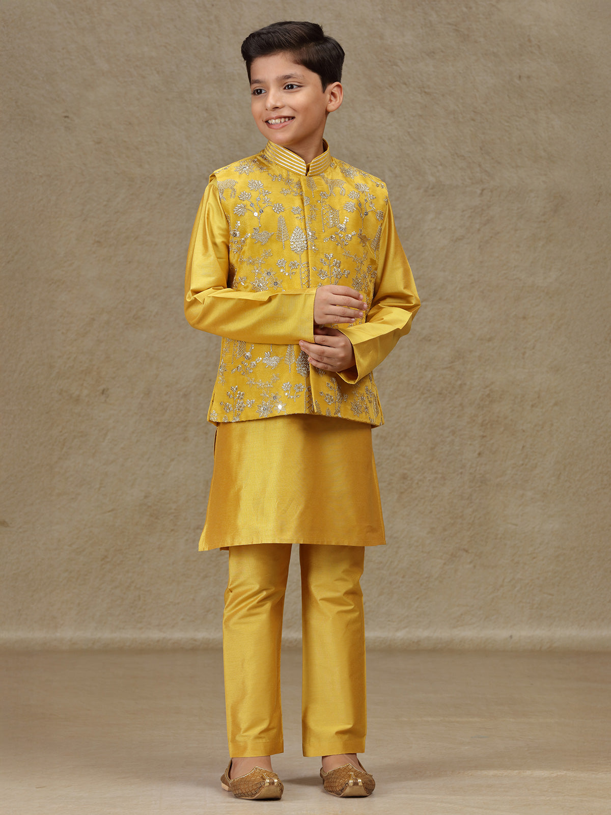 Yellow silk waistcoat set with resham work for boys