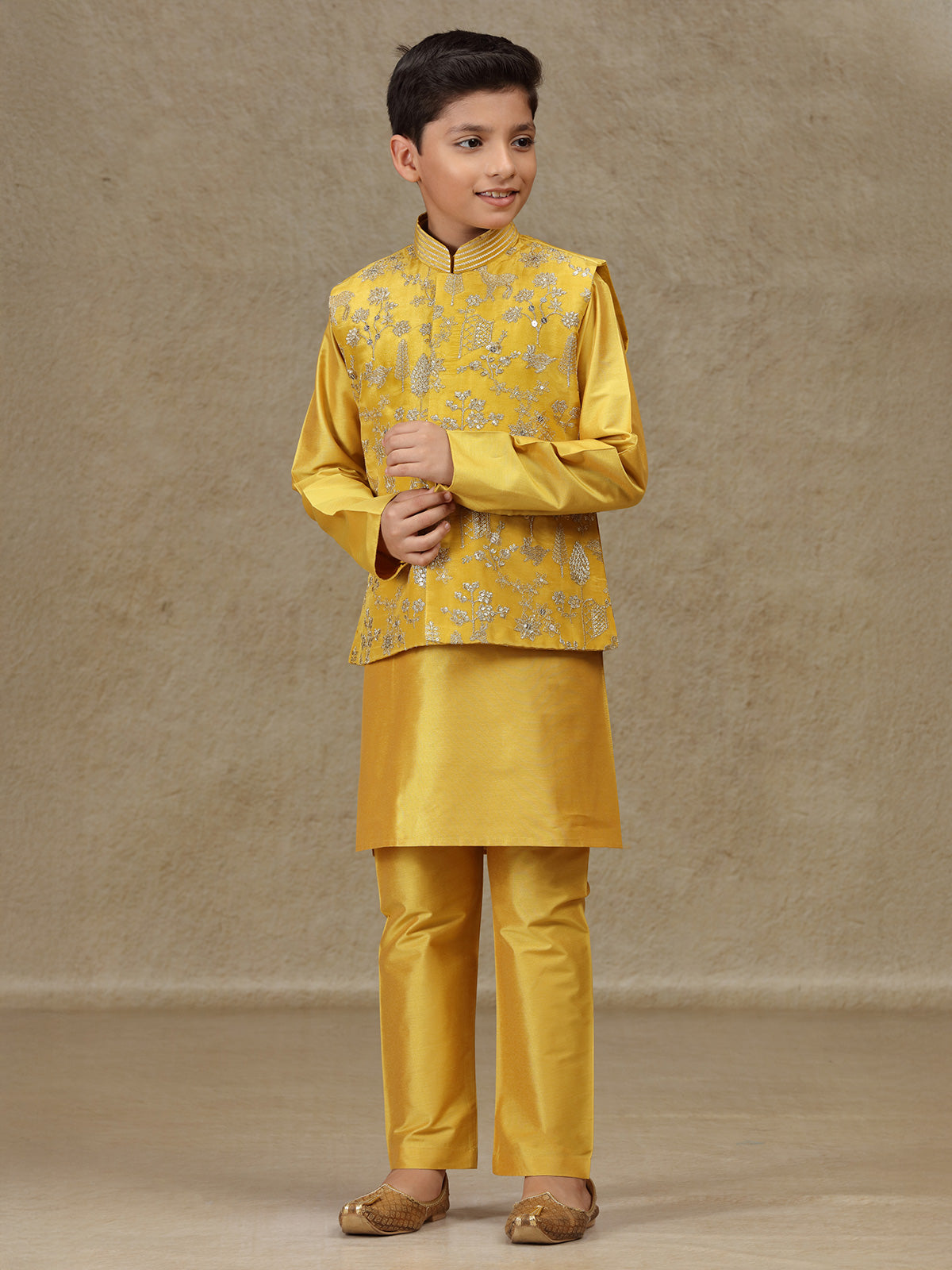 Yellow silk waistcoat set with resham work for boys