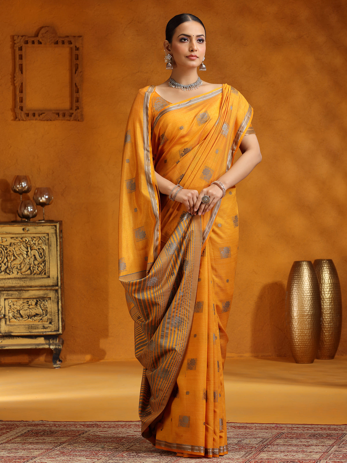 Yellow silk zari worked saree