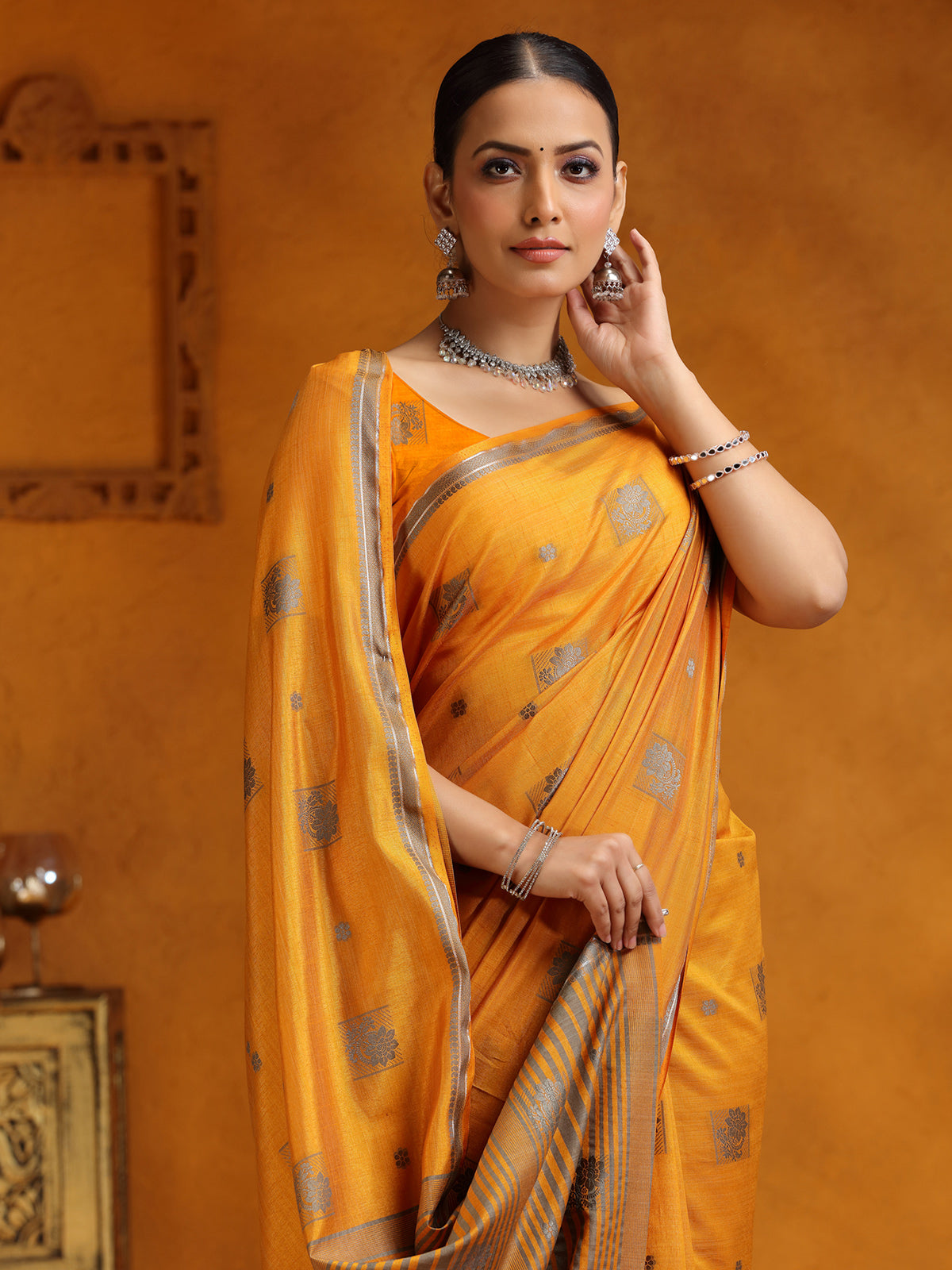 Yellow silk zari worked saree