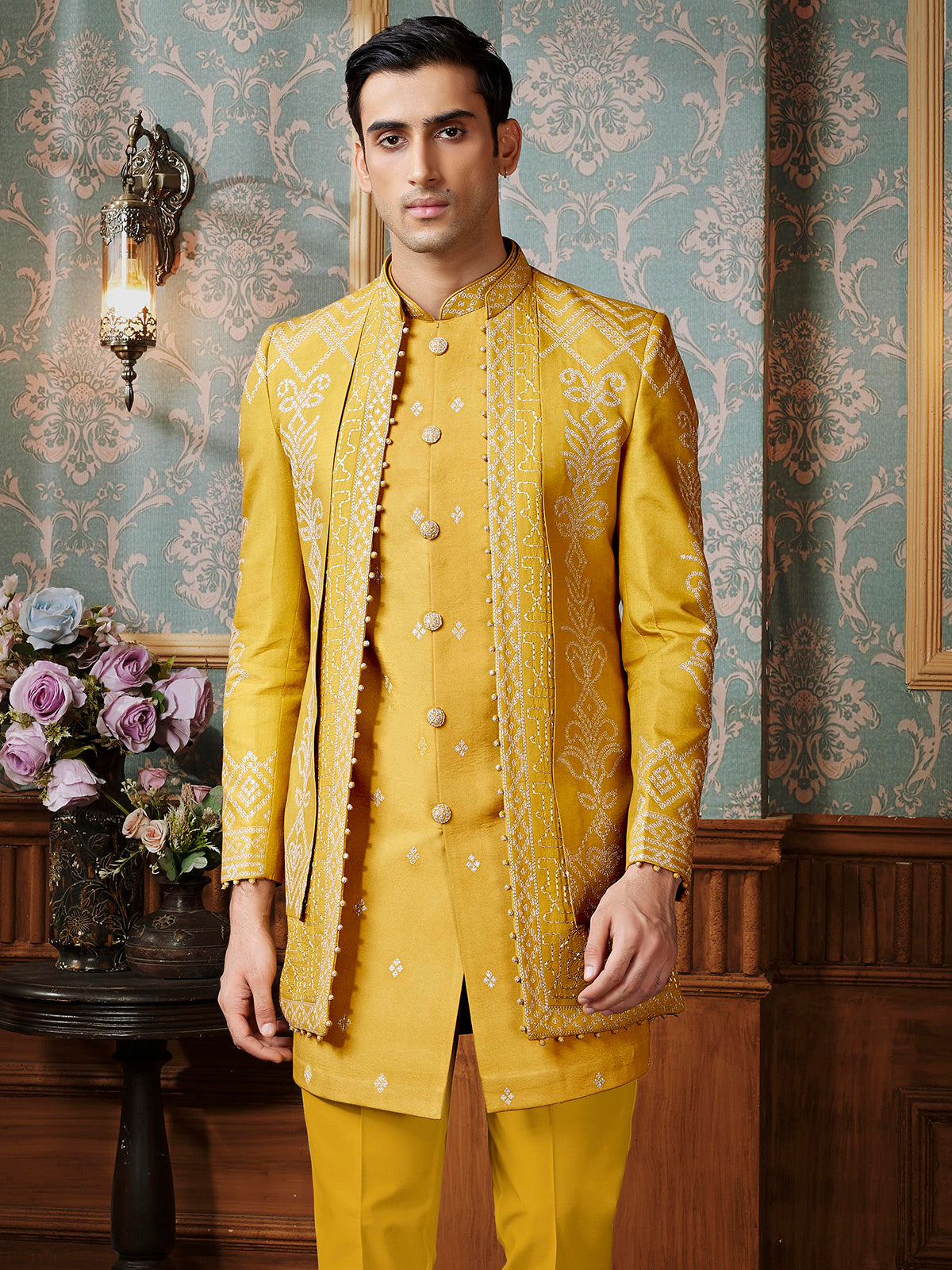 Yellow terry rayon Indowestern with minimal thread work