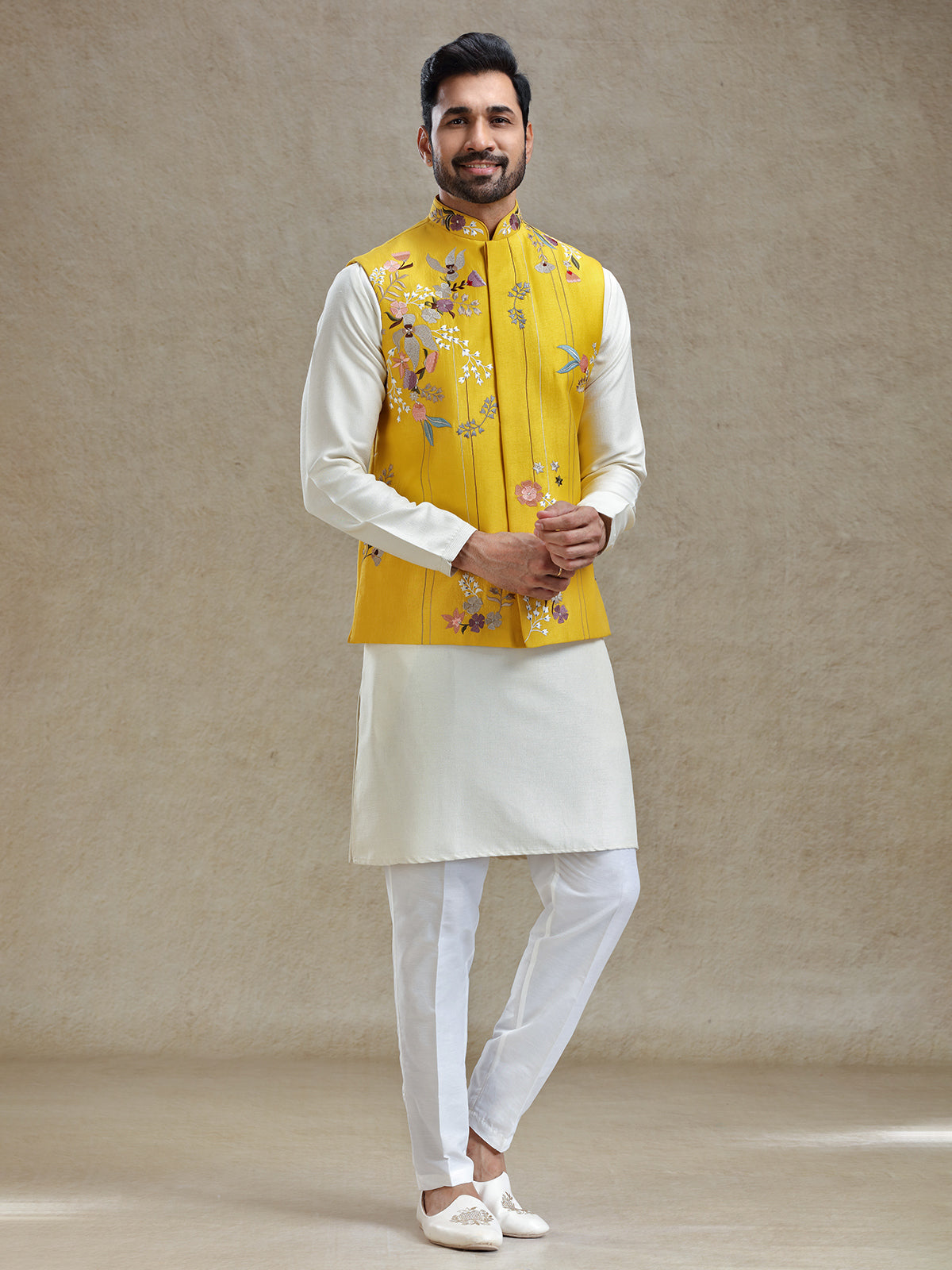 Yellow waistcoat set in embroidery work