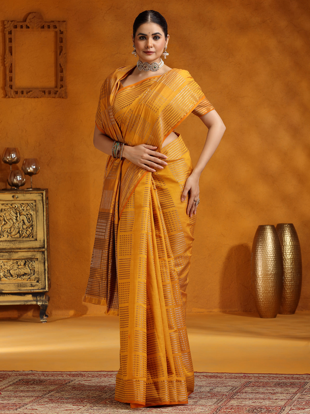 Yellow zari eorked silk saree