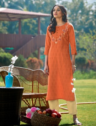  Orange cotton casual wear printed kurti