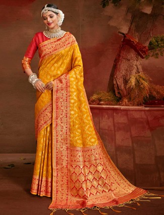 Alluring banarasi silk saree for wedding occasions in orange
