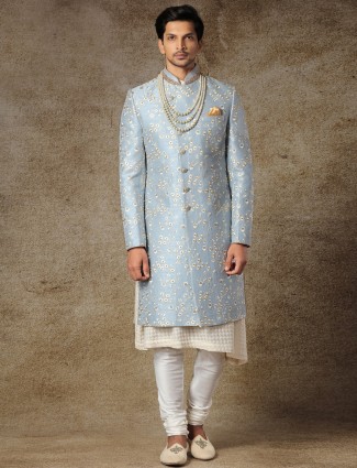 Alluring blue sherwani in raw silk