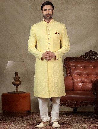 Alluring yellow sherwani in silk