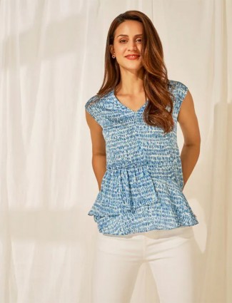 AND blue abstract printed peplum poly cootton top