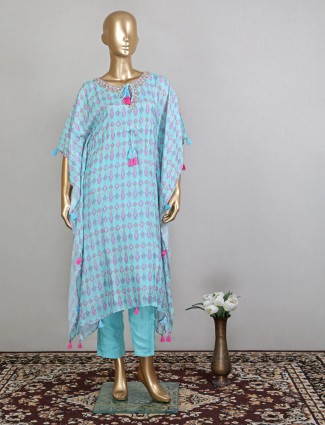 Aqua blue cotton printed kurti set in kaftan style