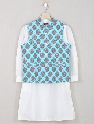 Aqua blue printed color silk fabric waistcoat set