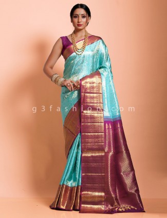Aqua kanjivaram silk designer saree in contrast purple pallu